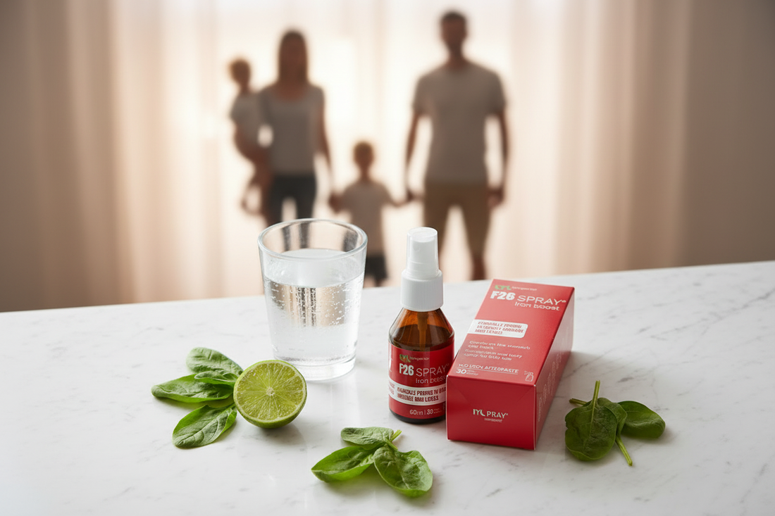 F26 liquid iron supplement bottle with family silhouettes, a gentle iron spray suitable for the whole family