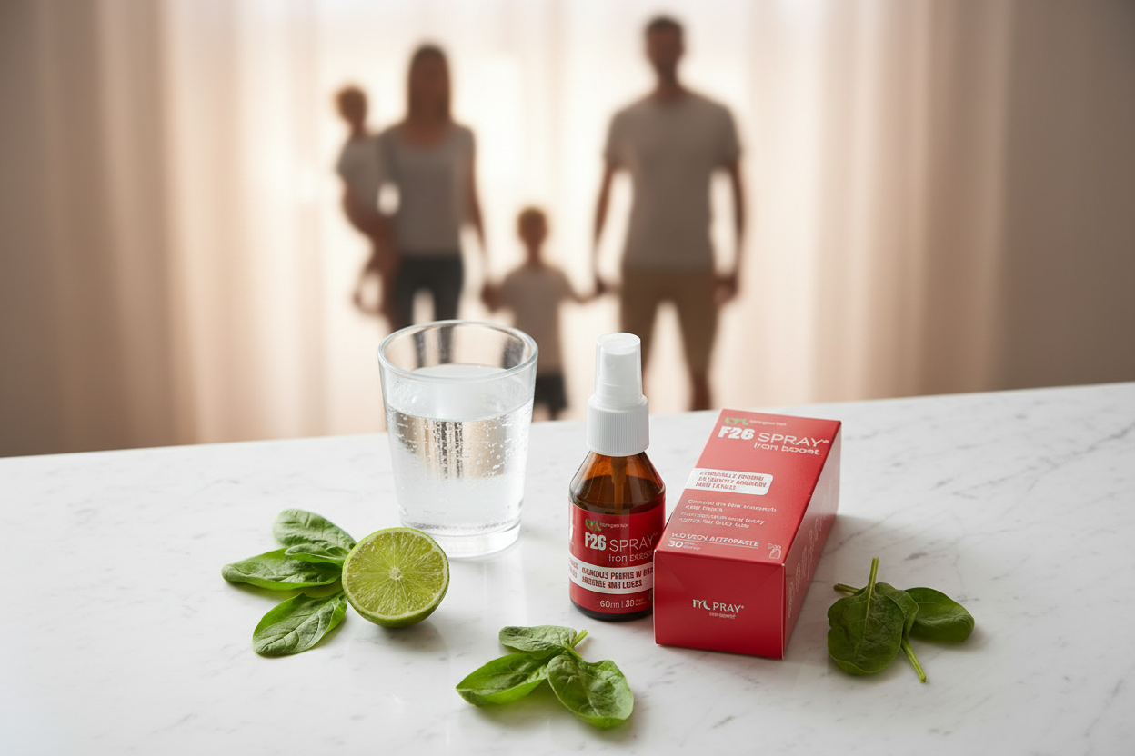 F26 liquid iron supplement bottle with family silhouettes, a gentle iron spray suitable for the whole family