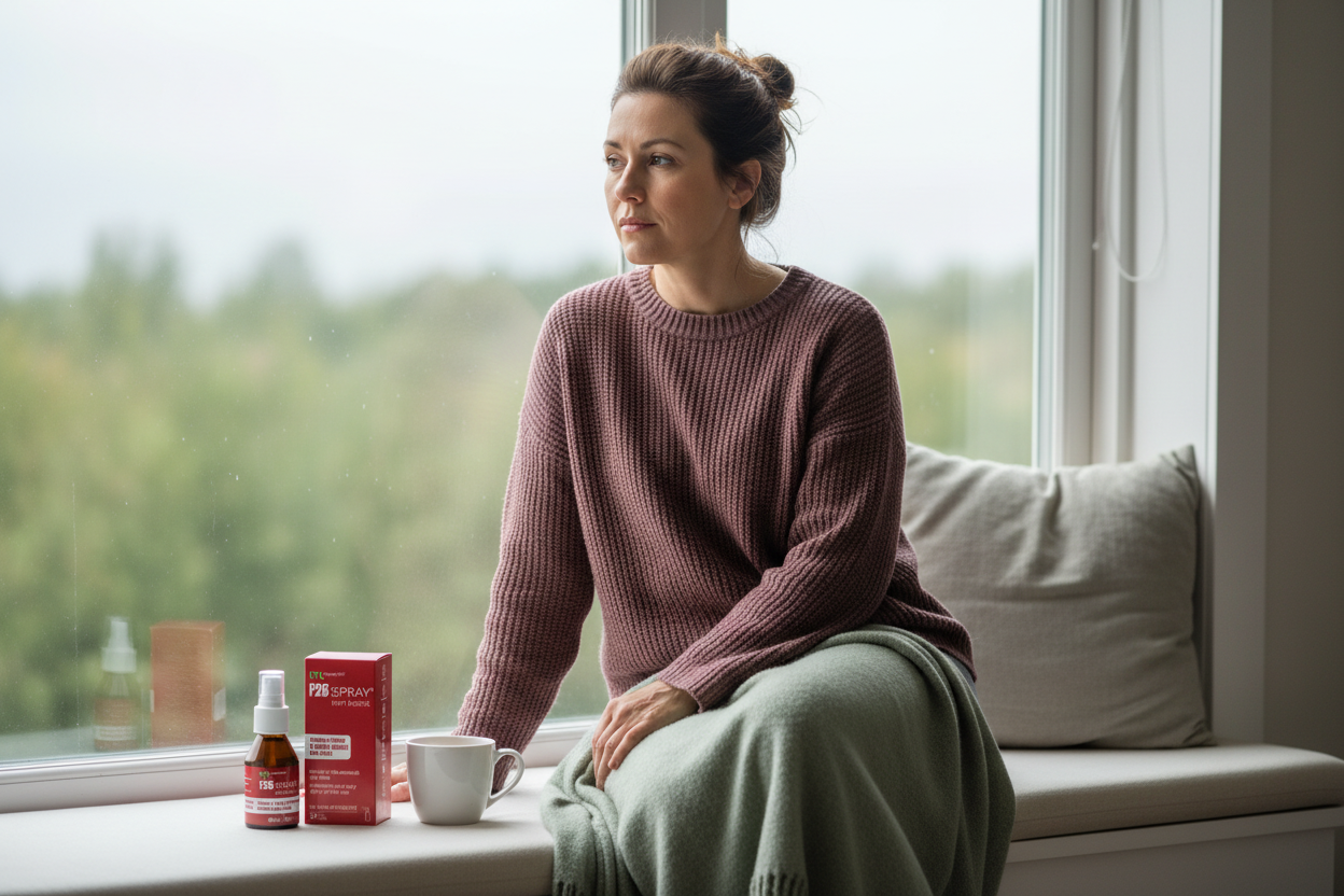 Woman experiencing iron deficiency symptoms with F26 SPRAY iron supplement by Love 2 Life