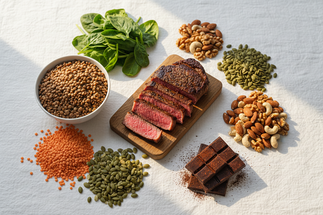 A selection of iron-rich foods including leafy greens, lentils, red meat, nuts, and dark chocolate to help combat iron deficiency