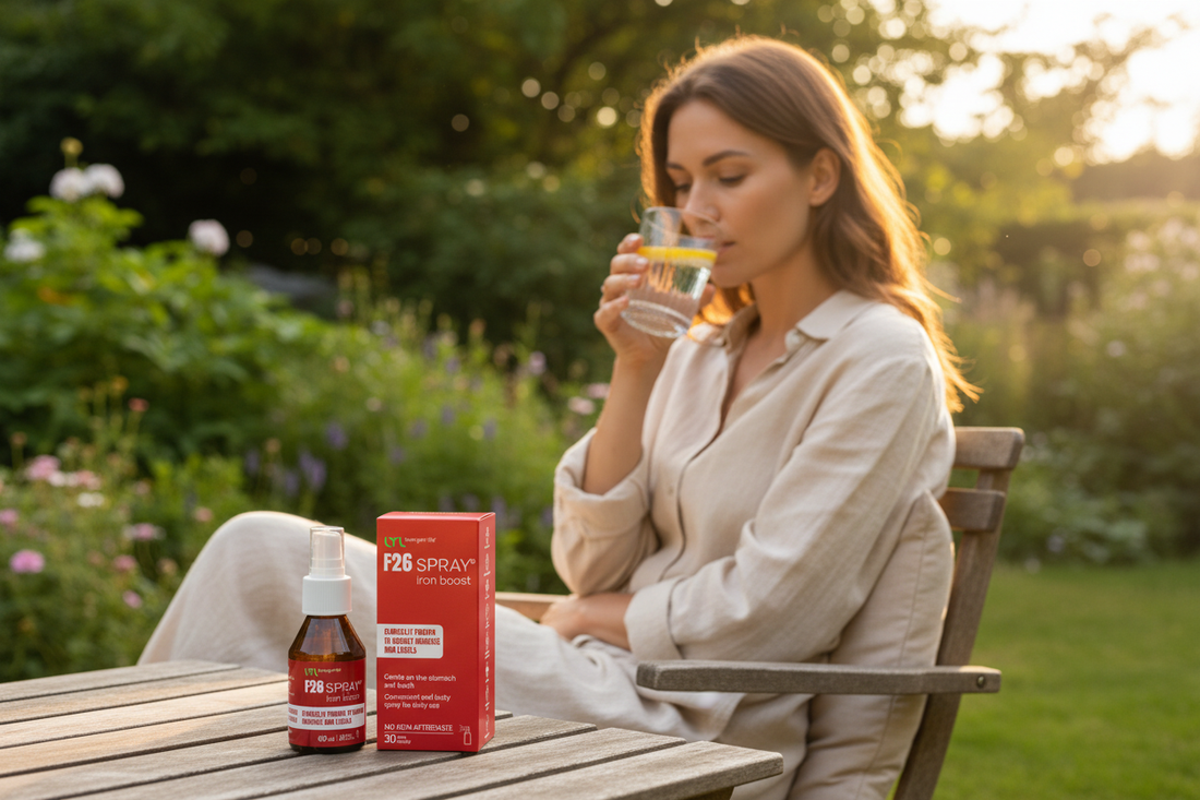 F26 SPRAY iron supplement on a table outdoors in summer sunshine by Love 2 Life