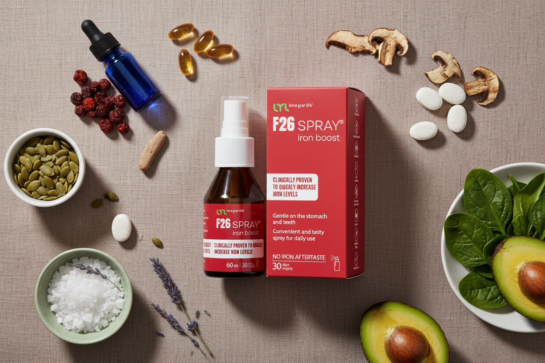 F26 SPRAY liquid iron supplement by Love 2 Life alongside vitamins B12, D, folate, zinc and magnesium for iron deficiency recovery